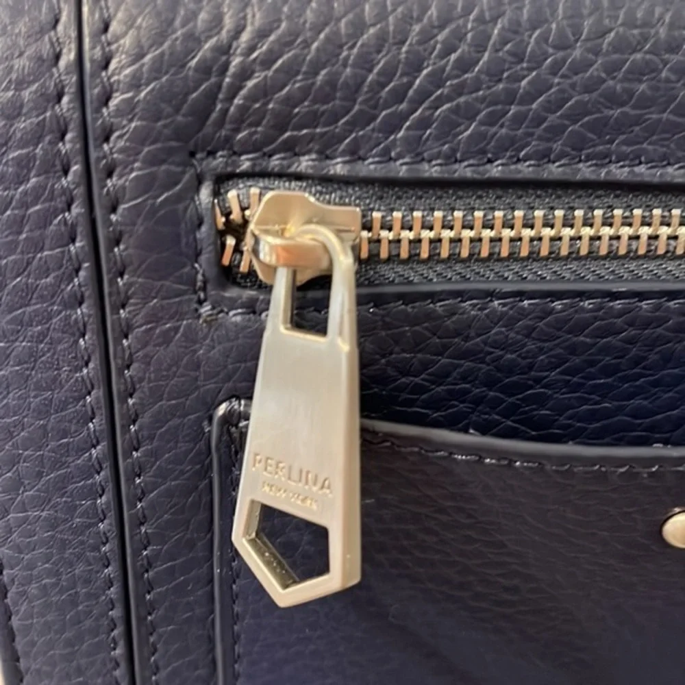 Perlina New York Navy Blue Pebbled Leather‎ Crossbody Silver Hardware Organizer